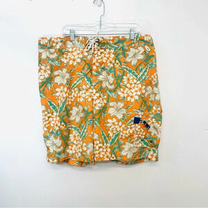 Lands End Swim Trunks Men XXL Floral Printed Mesh Lined Pockets Orange Tropical